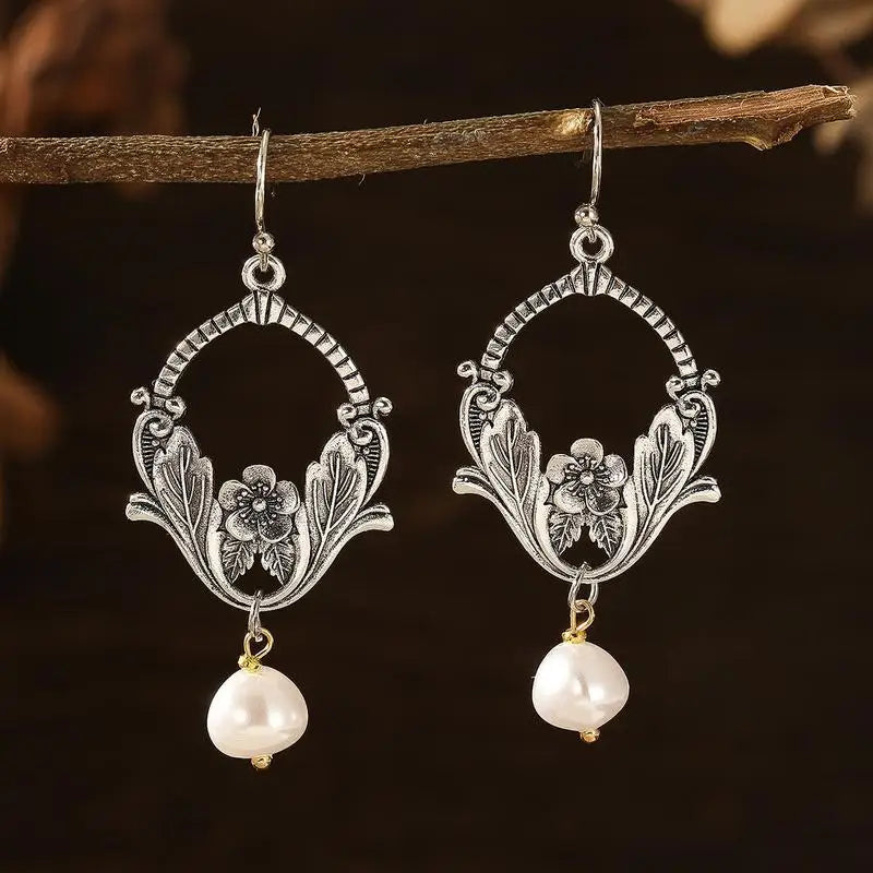 Bohemian Pearl Drop Earrings - Silver Plant Pattern