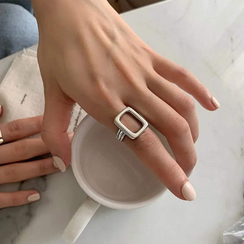 925 Sterling Silver Rectangle Geometry Open Rings