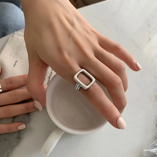 925 Sterling Silver Rectangle Geometry Open Rings