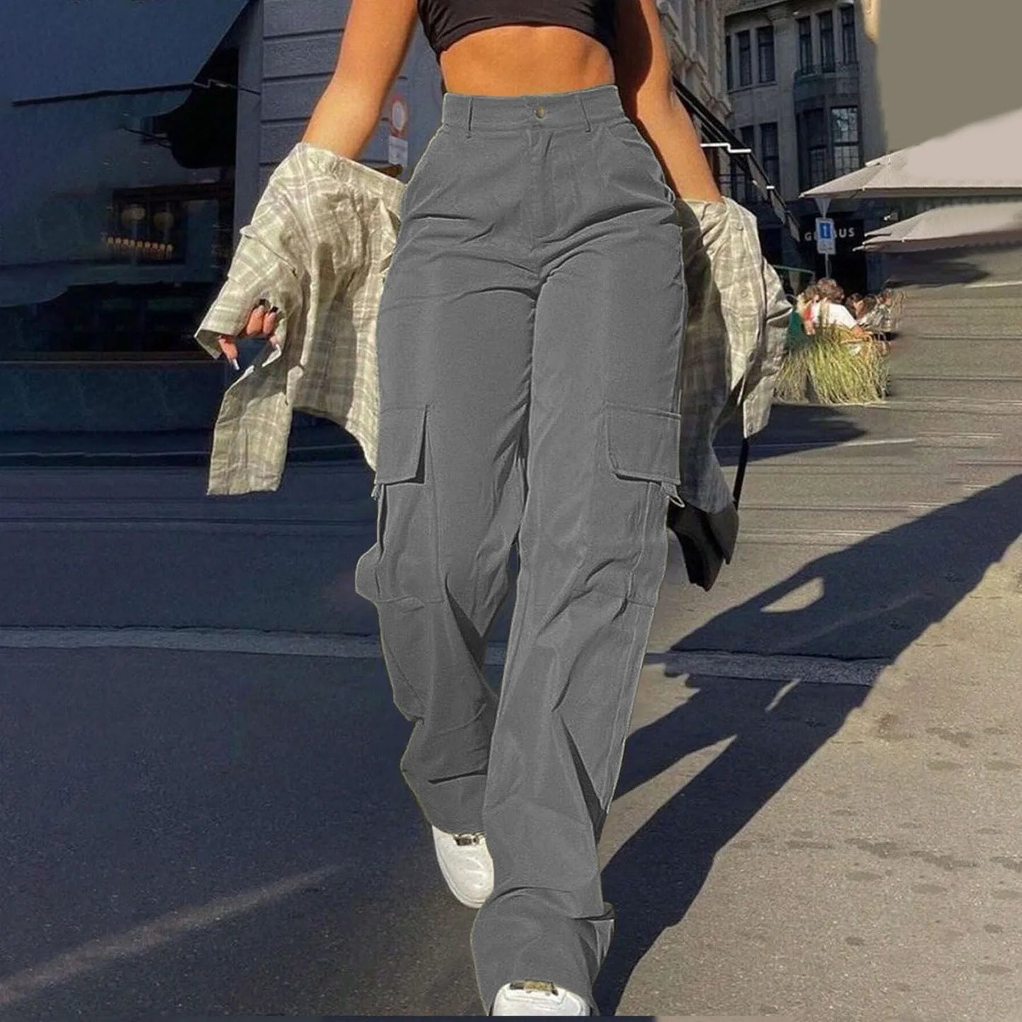 Women's Wide Leg Cargo Pants with Pockets – Casual Straight Leg Trousers