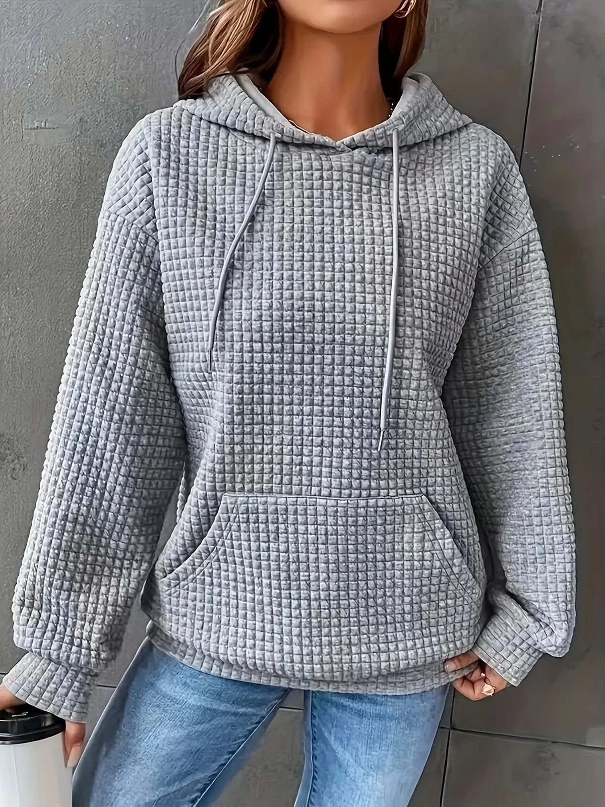 Short Length Waffle Knit Drawstring Hoodie