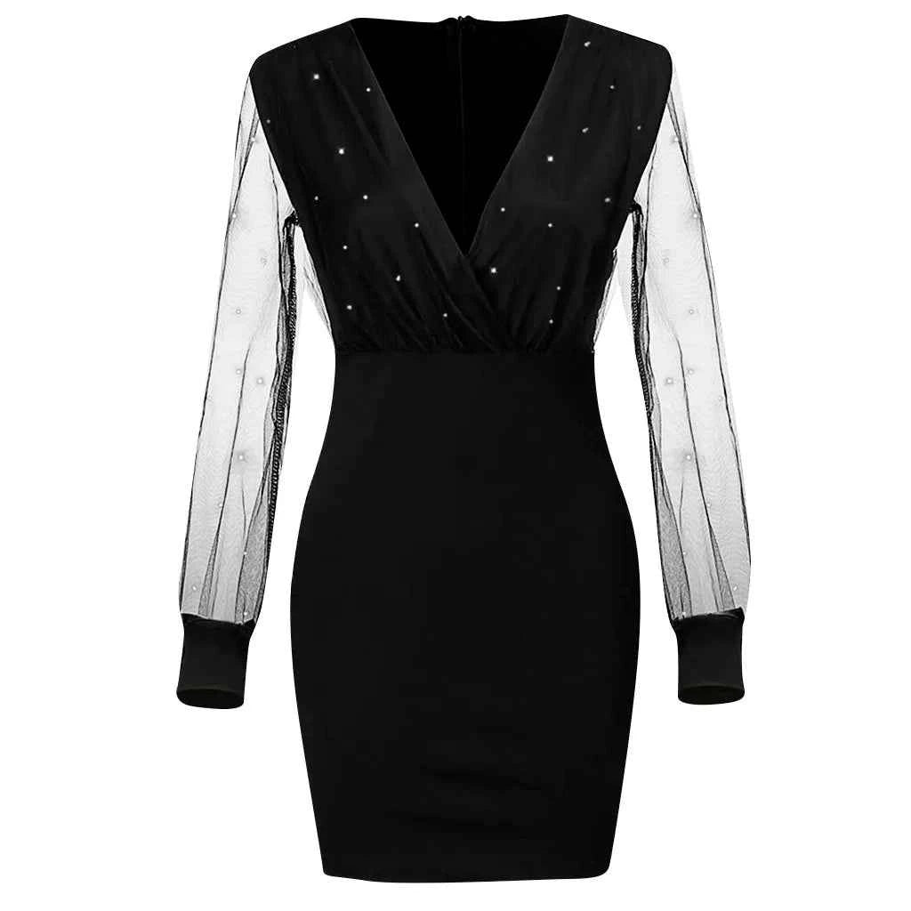 Fashion Evening Dress Wonen Cocktail Party Sexy Retro Elegant Dress With Sequins Female See Through Long Sleeve Wrap Hip Dress