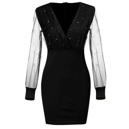 Fashion Evening Dress Wonen Cocktail Party Sexy Retro Elegant Dress With Sequins Female See Through Long Sleeve Wrap Hip Dress