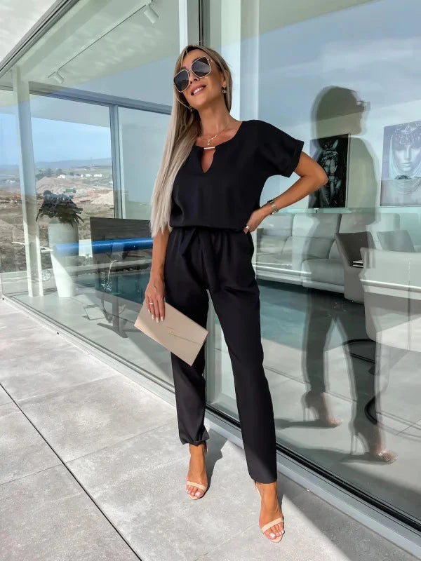 Women's Summer Jumpsuit Solid Color Short Sleeve V-neck Pocket Lace-up Pencil Long Pants - The Eggy's store