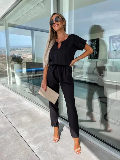 Women's Summer Jumpsuit Solid Color Short Sleeve V-neck Pocket Lace-up Pencil Long Pants - The Eggy's store