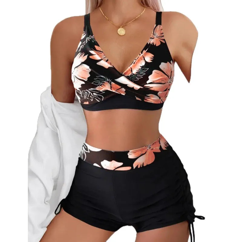 Floral Print Cross Strap Backless Bikini Set