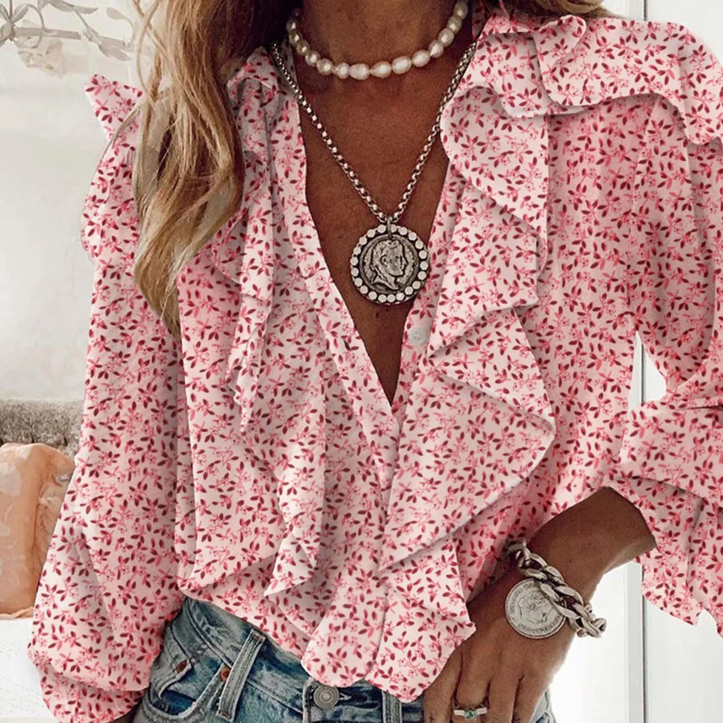 Elegant Ruffle V-Neck Blouse