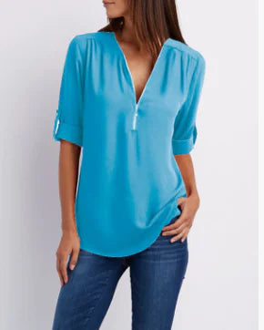 Plus Size V-Neck Long Sleeve Zip Chiffon Blouse