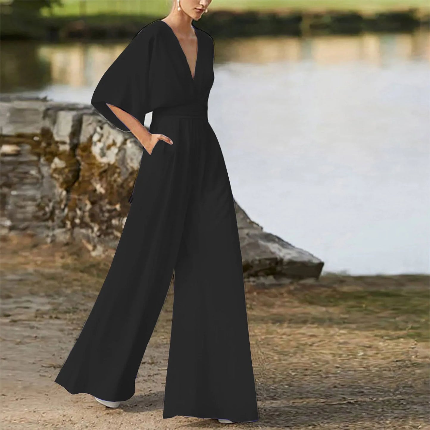 Women's Deep V-Neck Half Sleeve Jumpsuit – Loose Wide Leg One-Piece