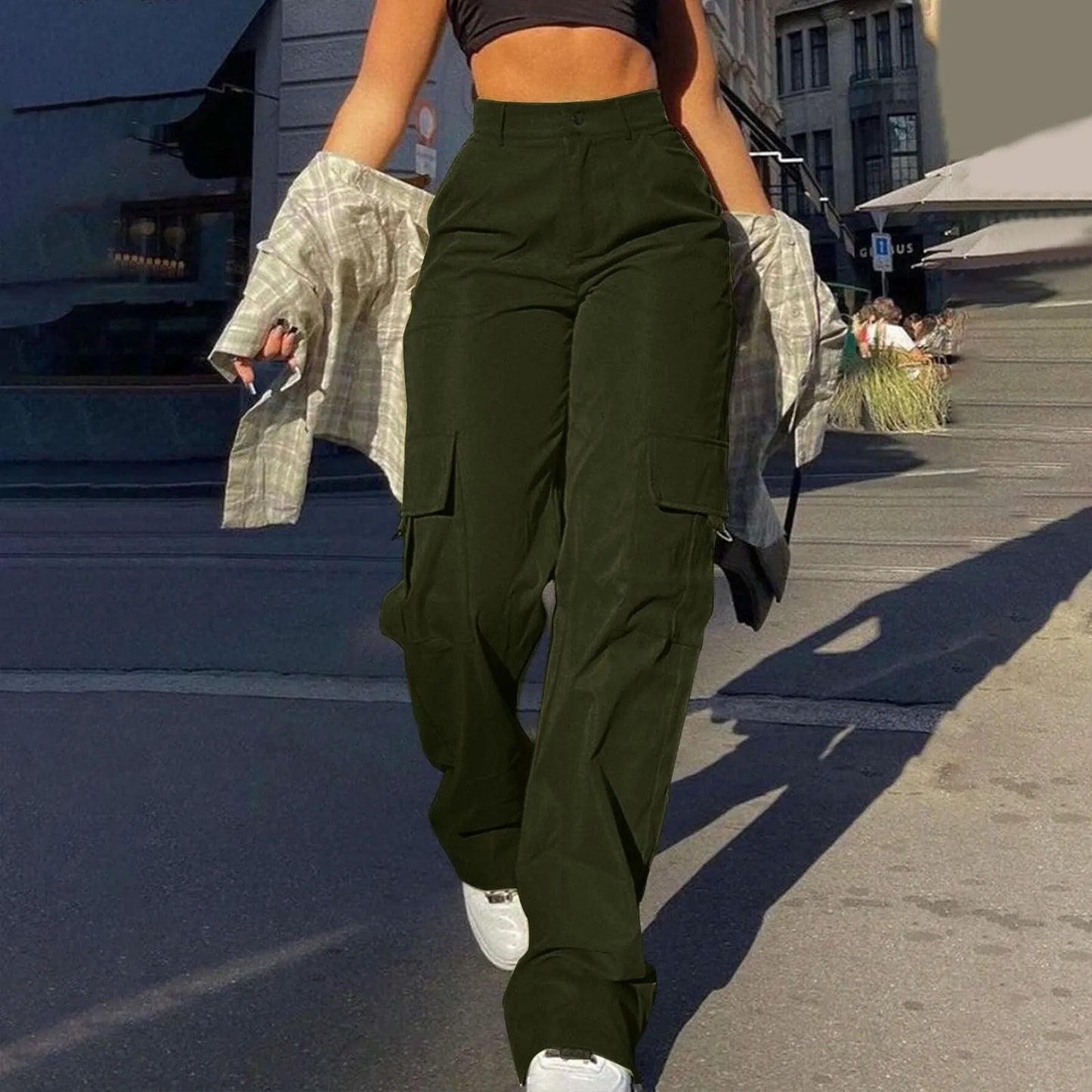 Women's Wide Leg Cargo Pants with Pockets – Casual Straight Leg Trousers