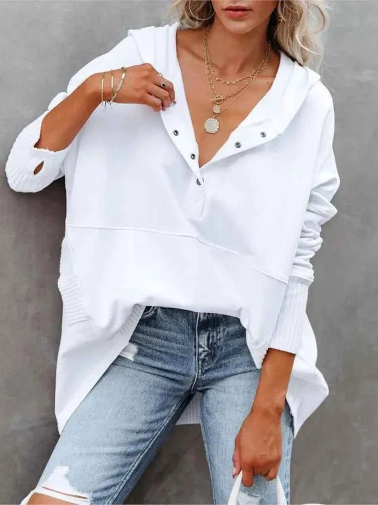 Casual Loose White Women Sweatshirt V-neck Hooded Batwing Sleeve Hoodie Top For Women Pullovers