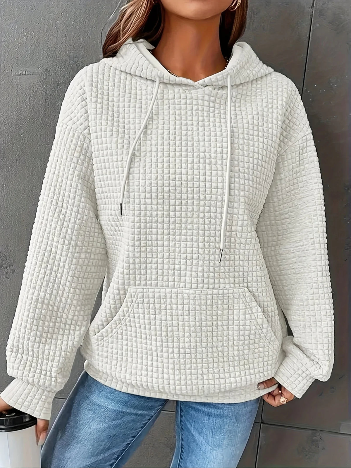 Short Length Waffle Knit Drawstring Hoodie