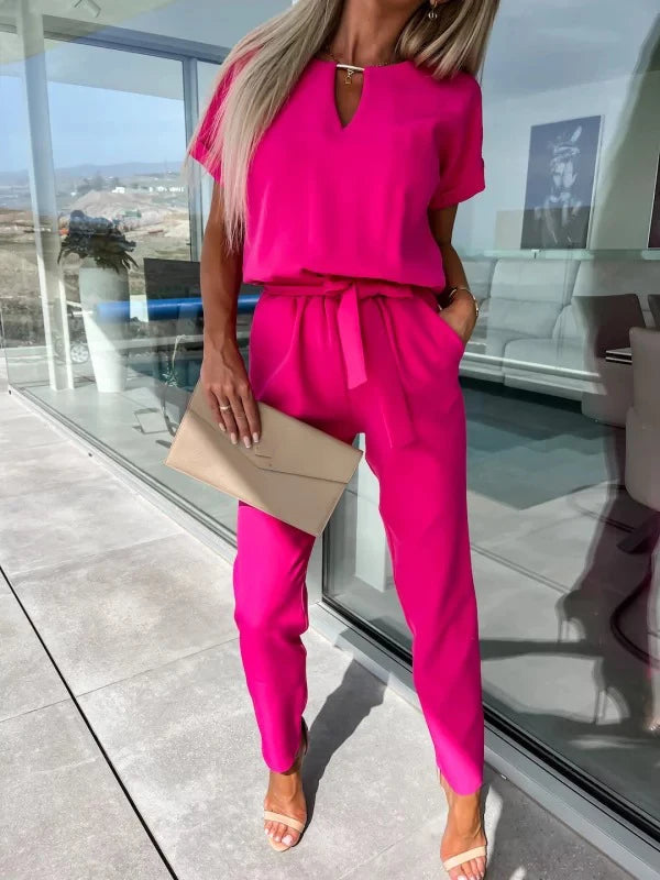 Women's Summer Jumpsuit Solid Color Short Sleeve V-neck Pocket Lace-up Pencil Long Pants - The Eggy's store