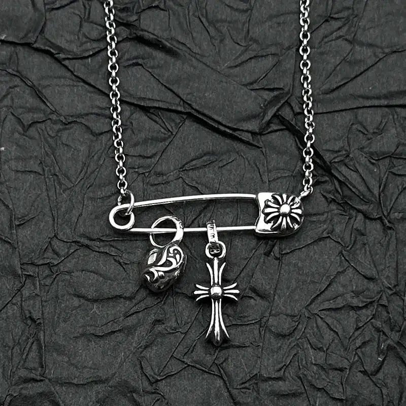 S925 Sterling Silver Peach Heart Cross Pin Necklace