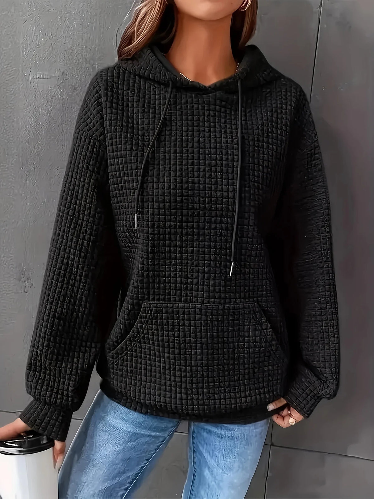 Short Length Waffle Knit Drawstring Hoodie