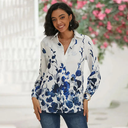 New Plus Size Floral Long Sleeve Blouse with Button Detail for Women