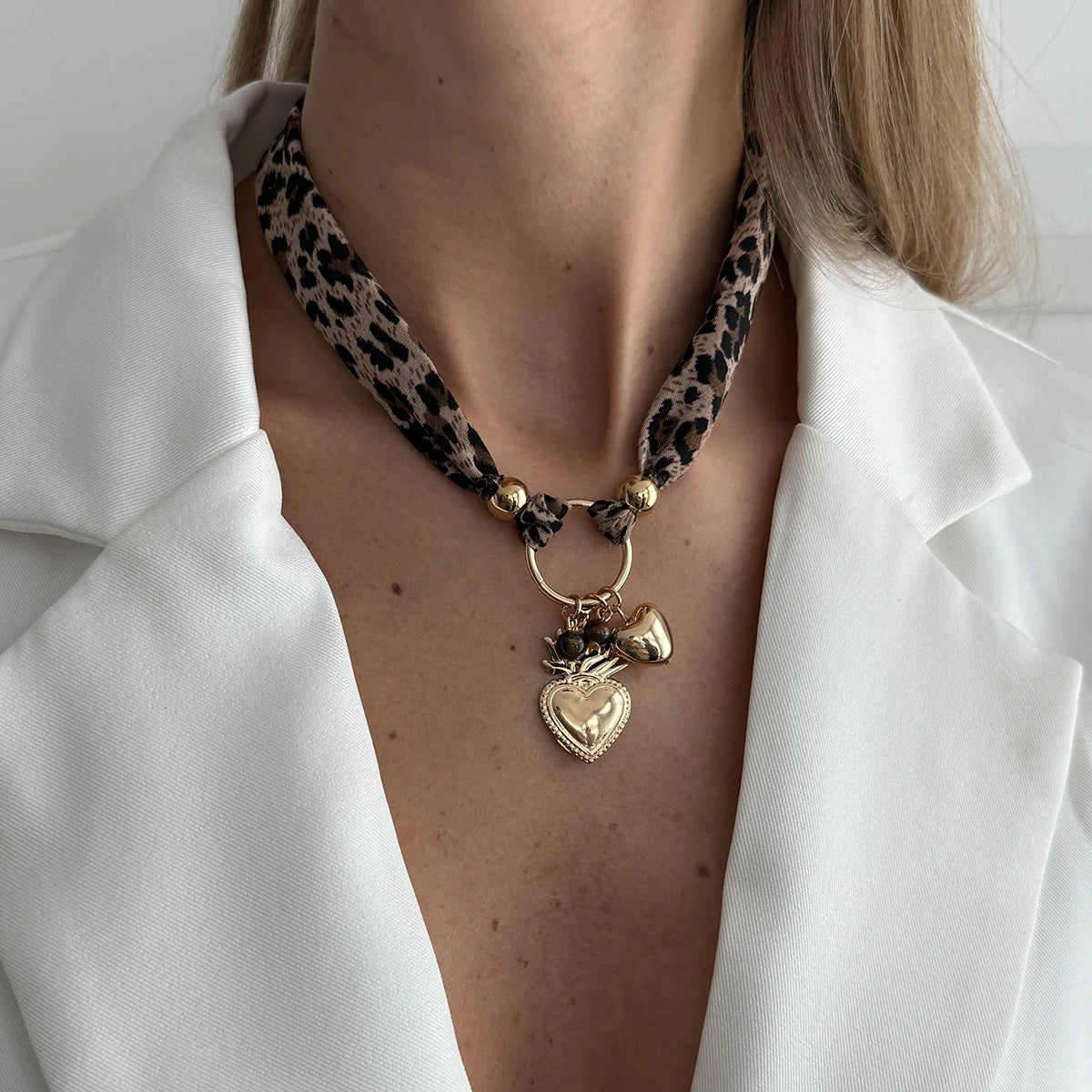 Leopard Print Choker Necklace - Heart Pendant