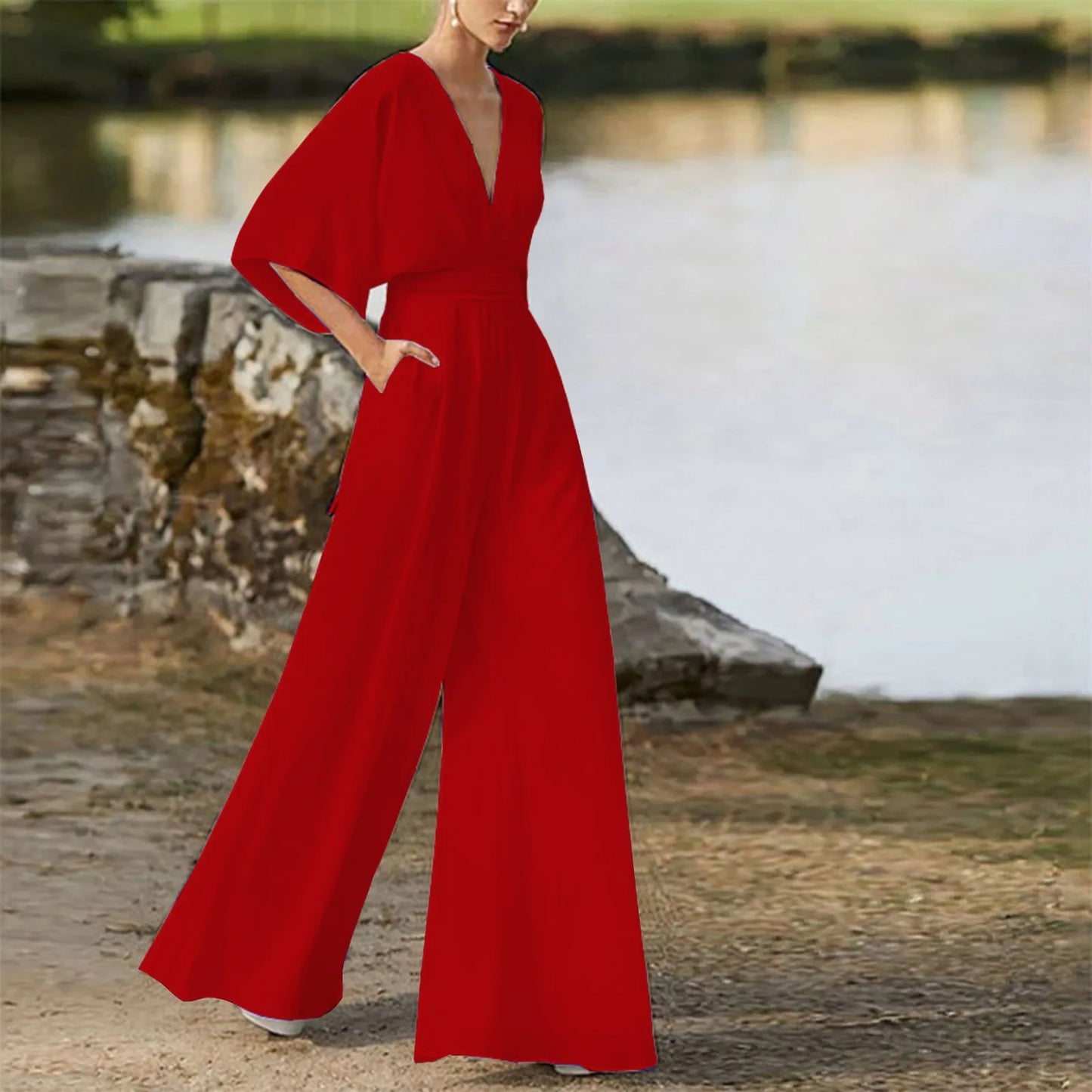 Women's Deep V-Neck Half Sleeve Jumpsuit – Loose Wide Leg One-Piece