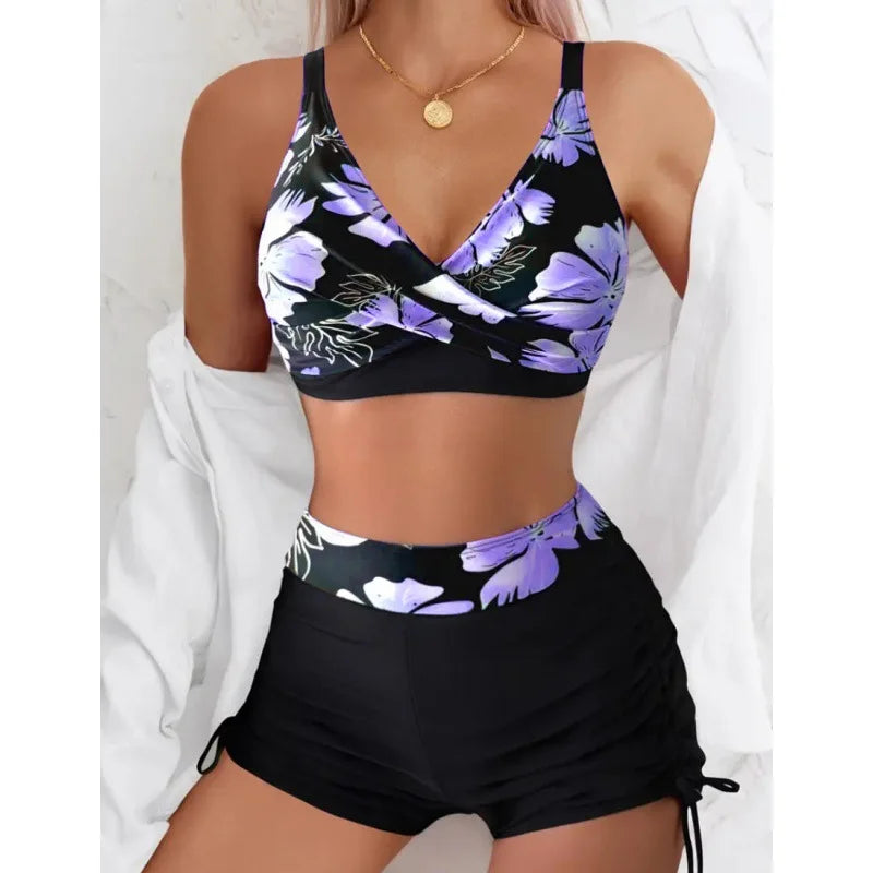 Floral Print Cross Strap Backless Bikini Set
