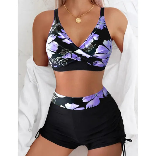 Floral Print Cross Strap Backless Bikini Set