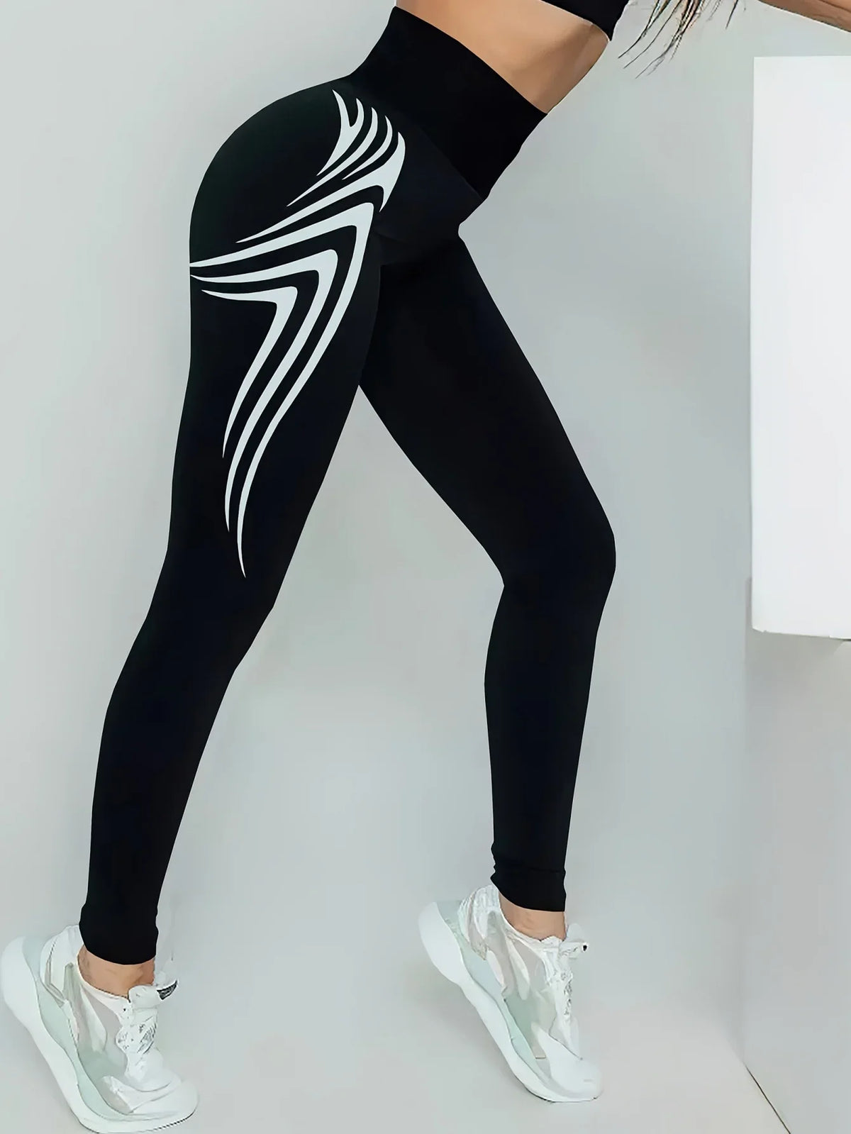 High-Waist Black Yoga Leggings with Pocket & Silver Stripe