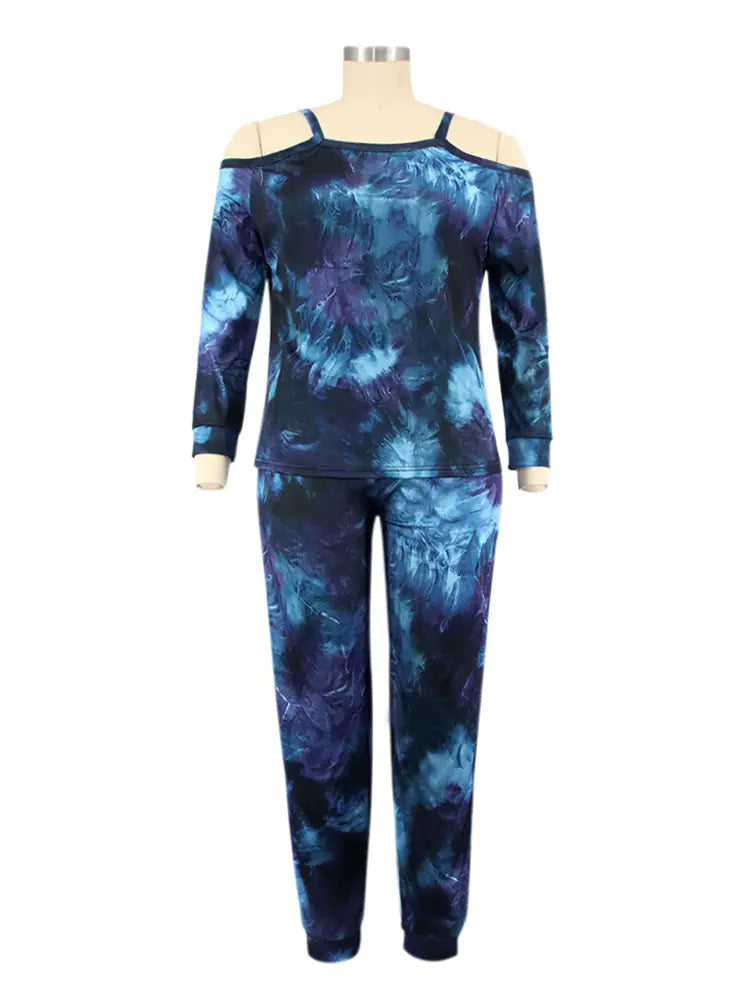 Plus Size Women's Off Shoulder Tie Dye Sweatsuit