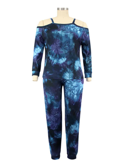 Plus Size Women's Off Shoulder Tie Dye Sweatsuit