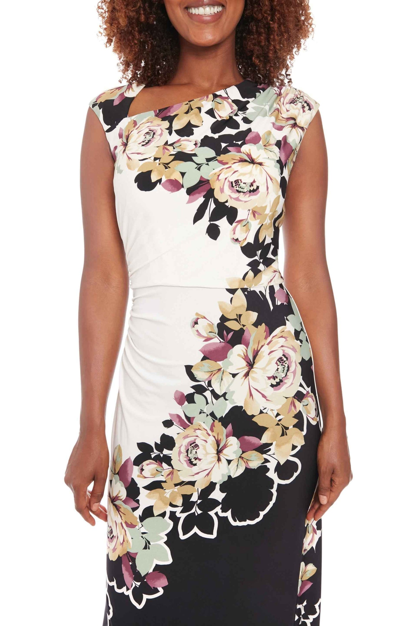 London Times Asymmetric Neckline Sleeveless Zipper Closure Streamlined Ruched Side Detail Midi Sheath Dress