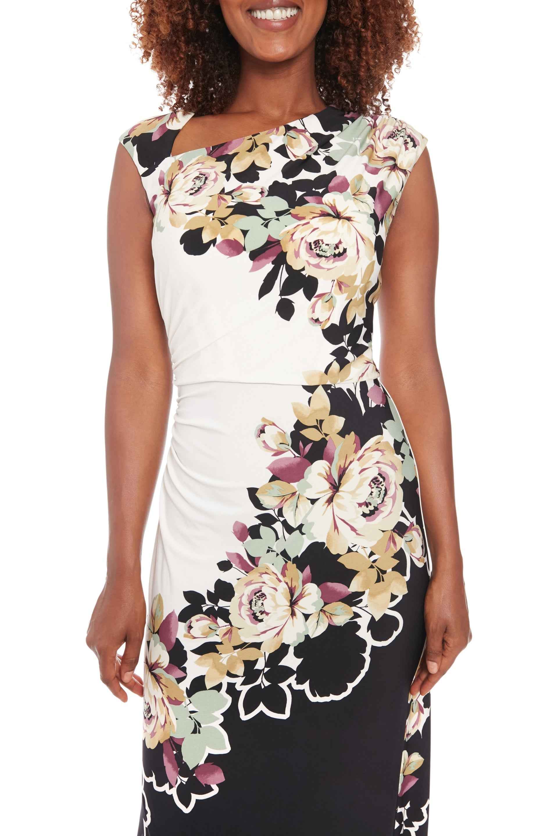 London Times Asymmetric Neckline Sleeveless Zipper Closure Streamlined Ruched Side Detail Midi Sheath Dress