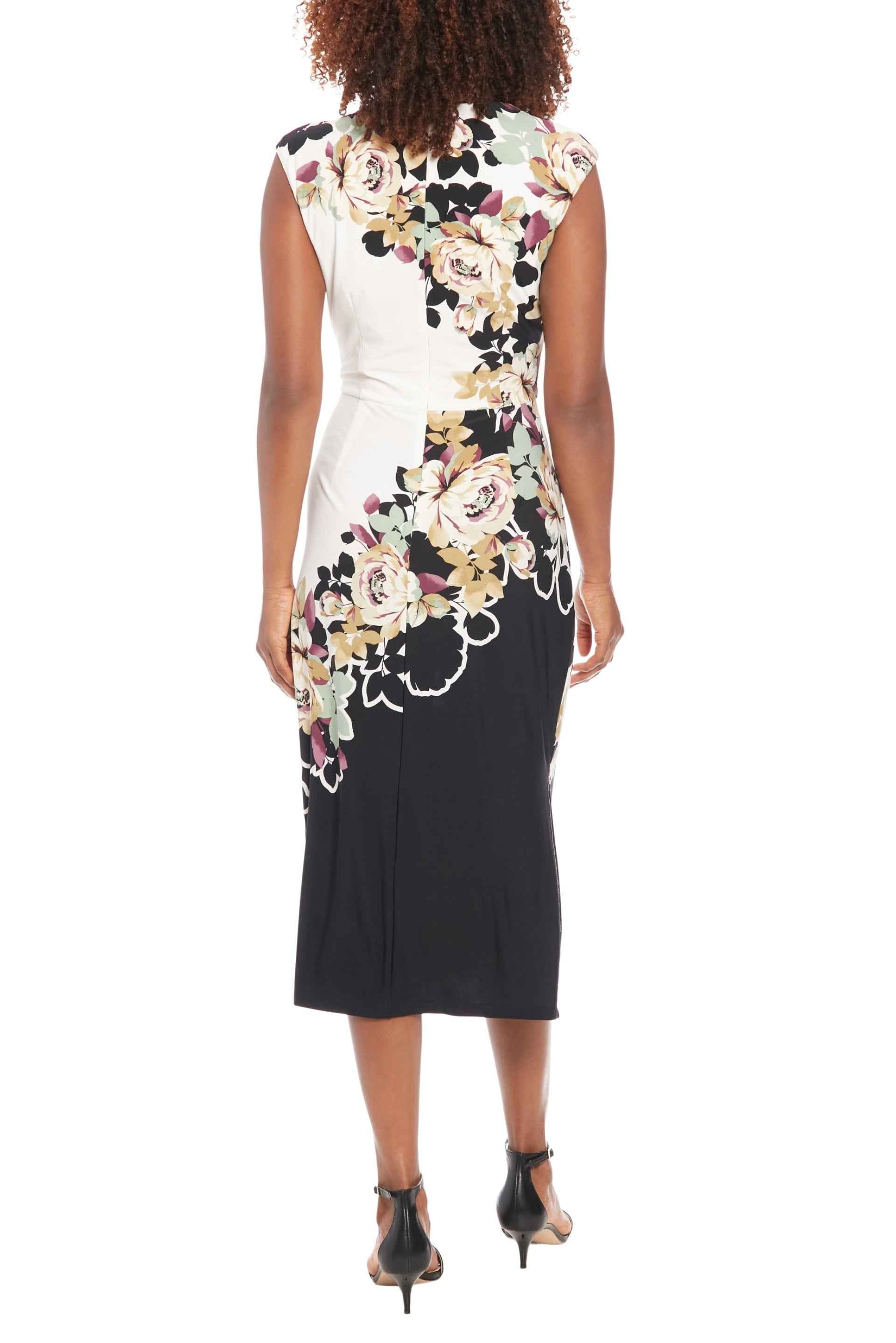 London Times Asymmetric Neckline Sleeveless Zipper Closure Streamlined Ruched Side Detail Midi Sheath Dress