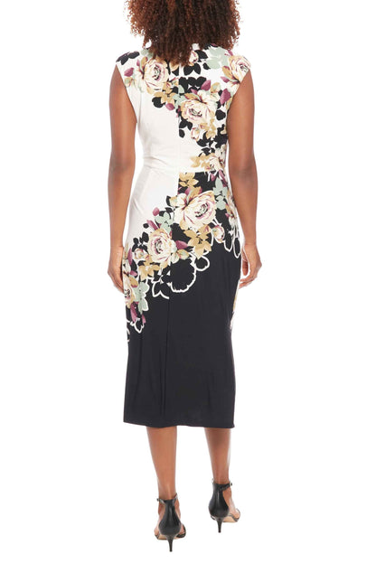 London Times Asymmetric Neckline Sleeveless Zipper Closure Streamlined Ruched Side Detail Midi Sheath Dress