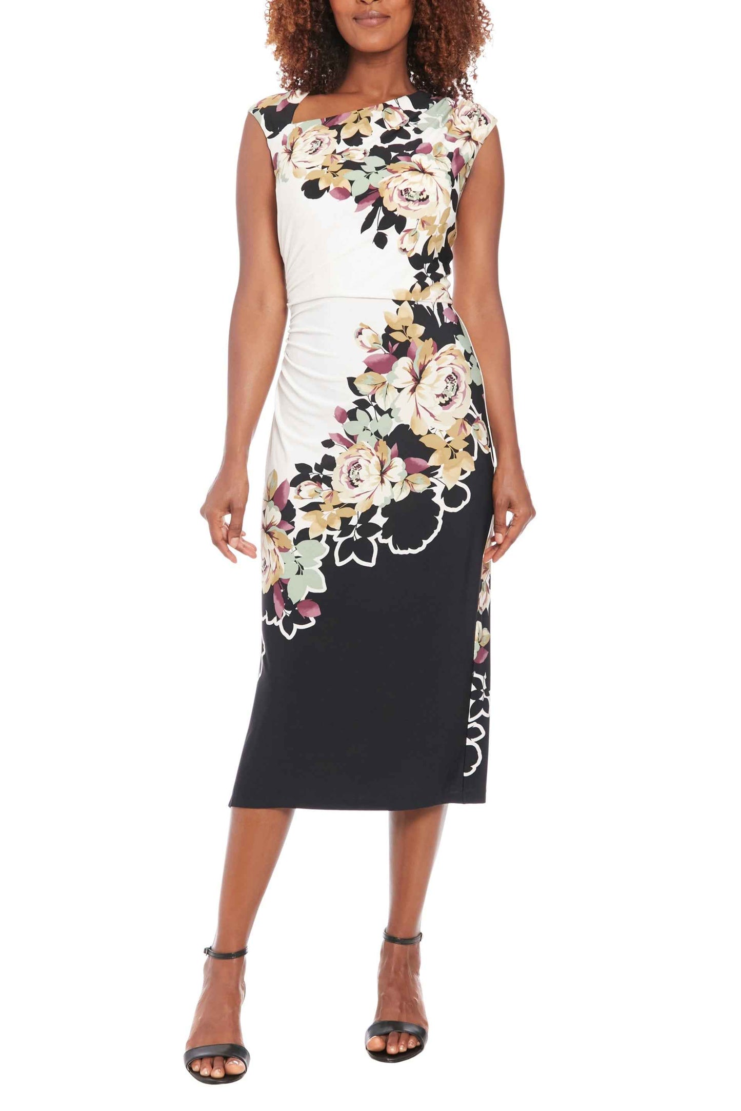 London Times Asymmetric Neckline Sleeveless Zipper Closure Streamlined Ruched Side Detail Midi Sheath Dress