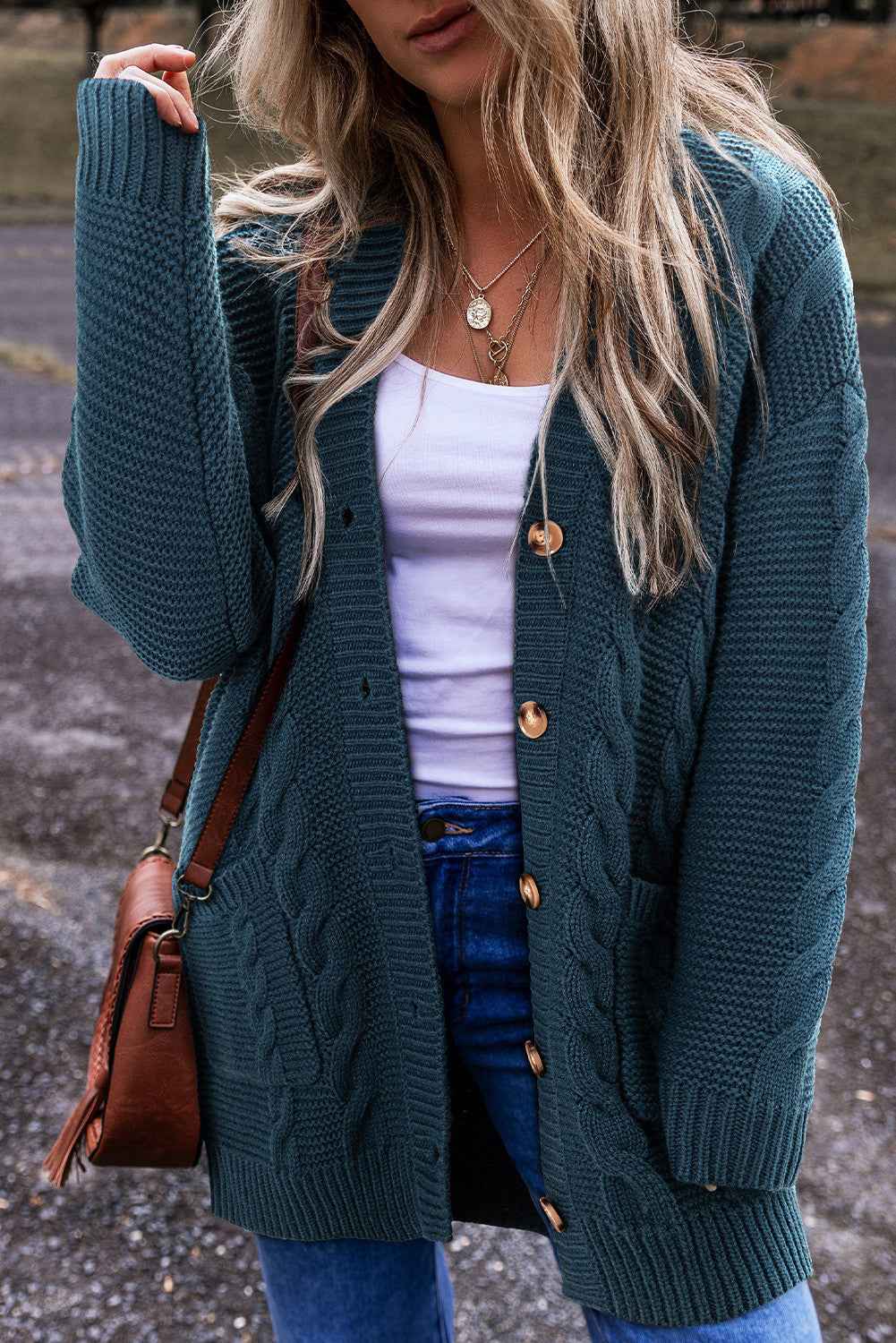 Teal Cable Knit Oversized Cardigan