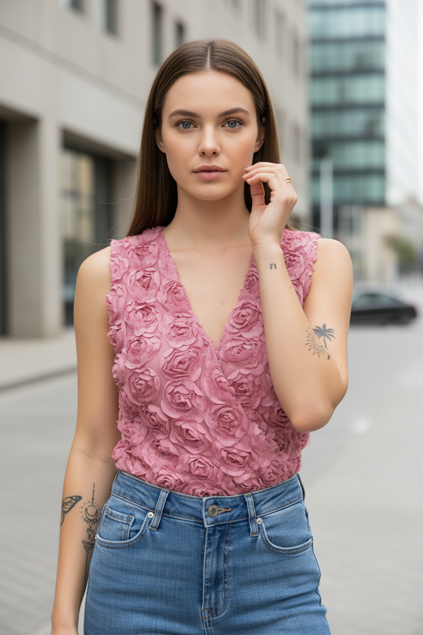 Heather Floral Textured V Neck Wrapped Sleeveless Bodysuit Women's Blouse