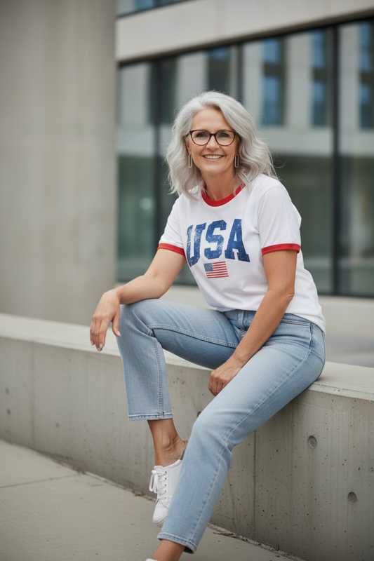 Heimish Full Size USA Contrast Trim Short Sleeve Women's T-Shirt