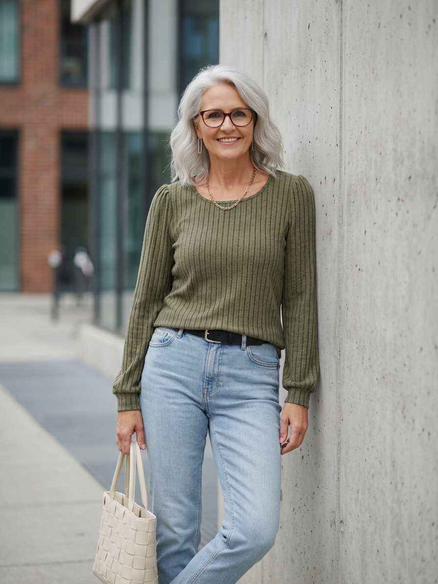 Ribbed Knit Long Sleeve Women's Blouse