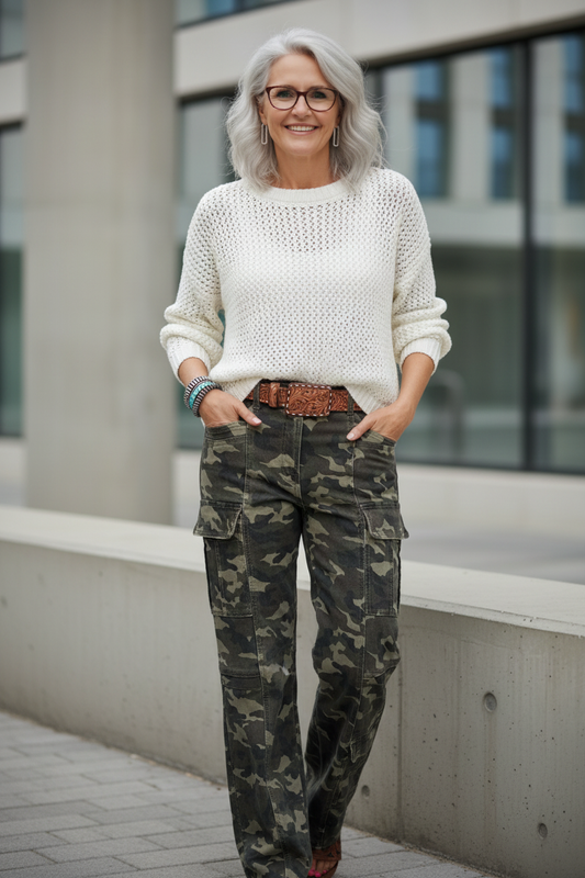 Green Camouflage Print Multi Pocketed Womens Denim Pants