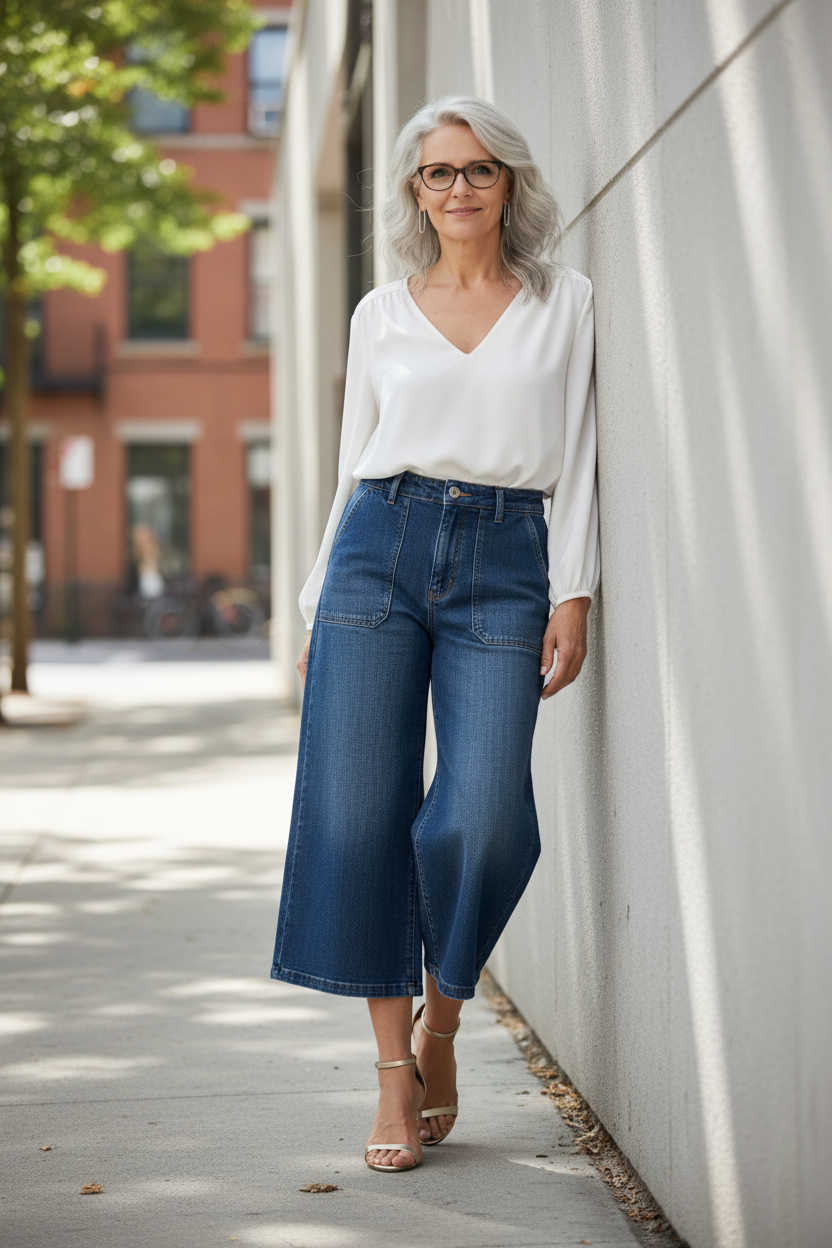 Judy Blue High Waist Wide Crop Utility Jeans with Patch Pocket