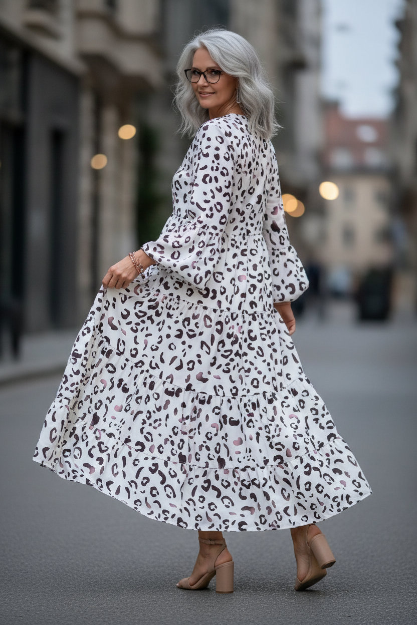 White Leopard Print Notch V Neck Loose Fit Maxi Dress