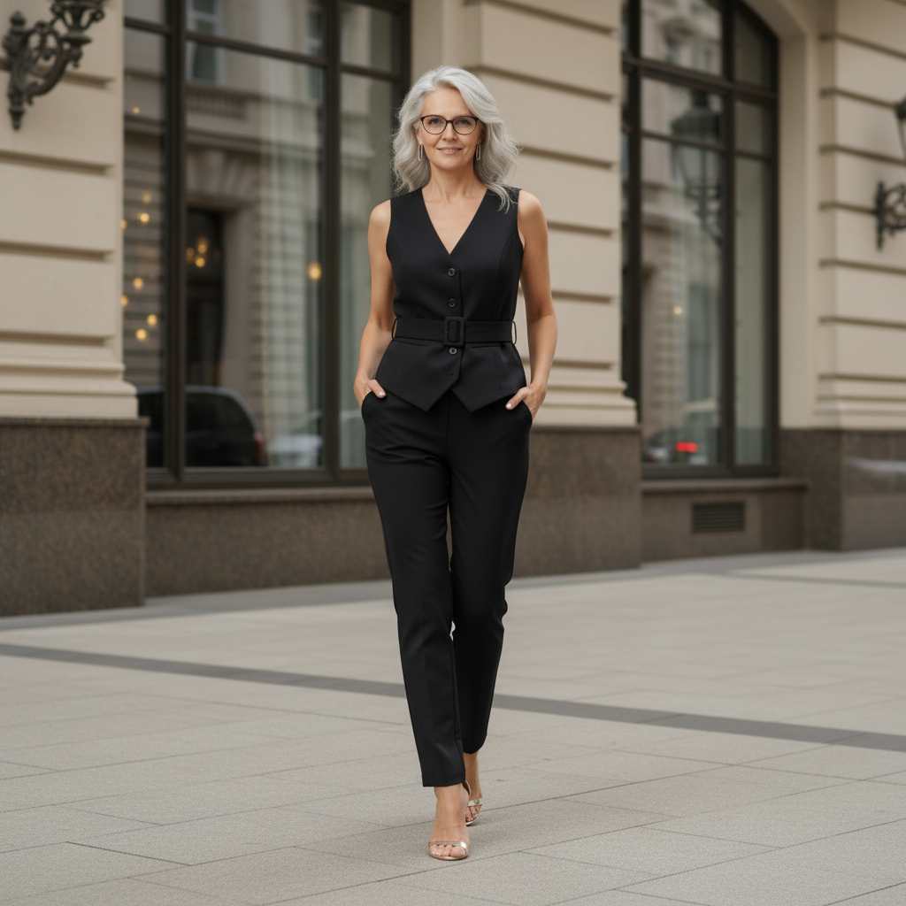 2-Piece Pantsuit Set - V-Neck Top and Trousers