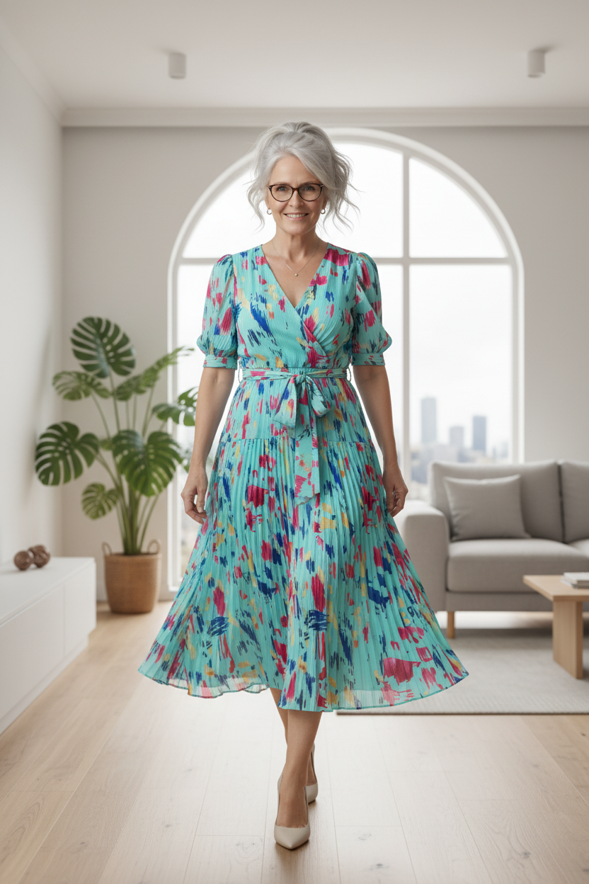 Abstract Print Puff Sleeve Tiered Maxi Dress – V-Neck High Waist