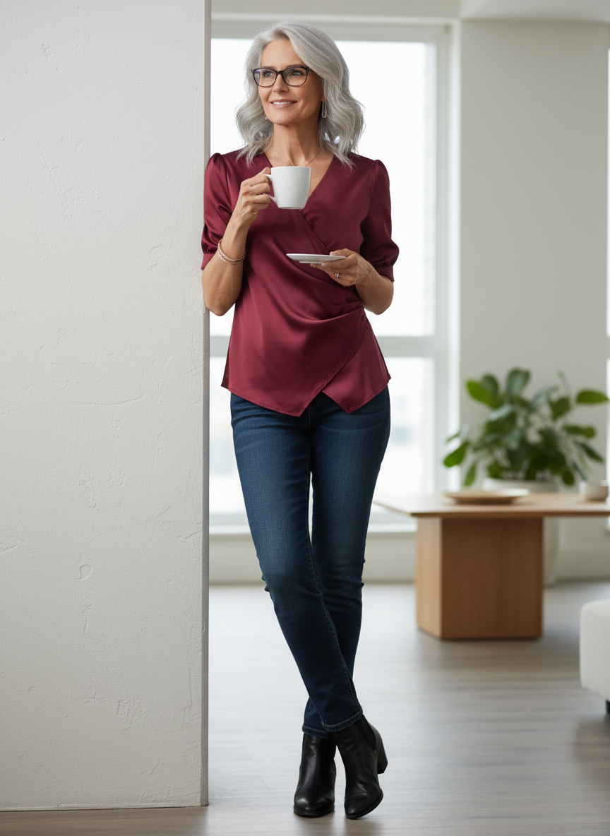 Satin Surplice Short Sleeve Blouse