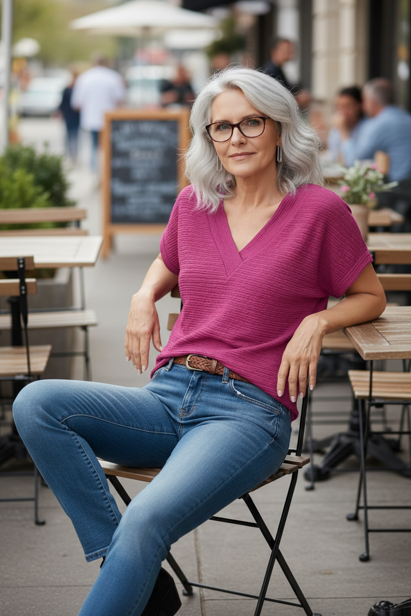 Pale Khaki Textured Wide Sleeve V Neck Women's T Shirt