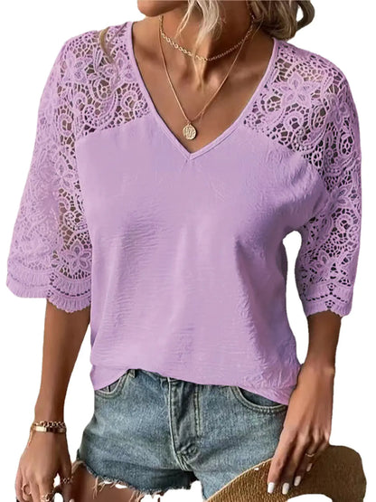 V-Neck Lace Hollow Loose Shirt