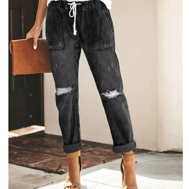 Women's Straight Ripped Jeans with Drawstring & Pockets