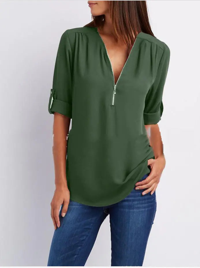 Plus Size V-Neck Long Sleeve Zip Chiffon Blouse