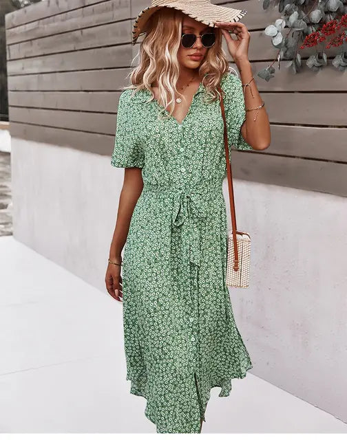 Women's Floral Summer Midi Dress with V Neck