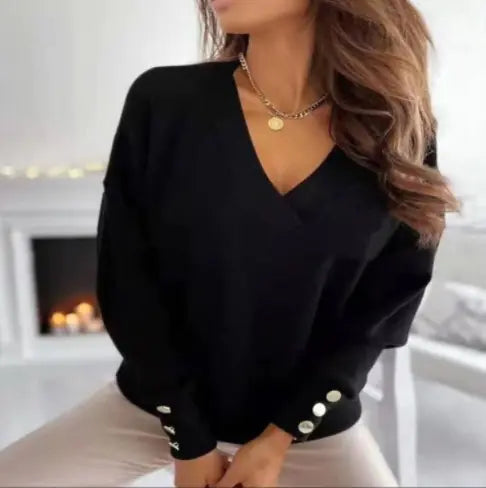 Button V-Neck Sweatshirt