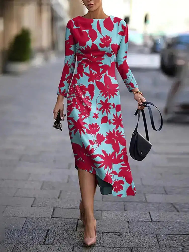 Spandex A-line Dress with Round Neck Pullover Dress