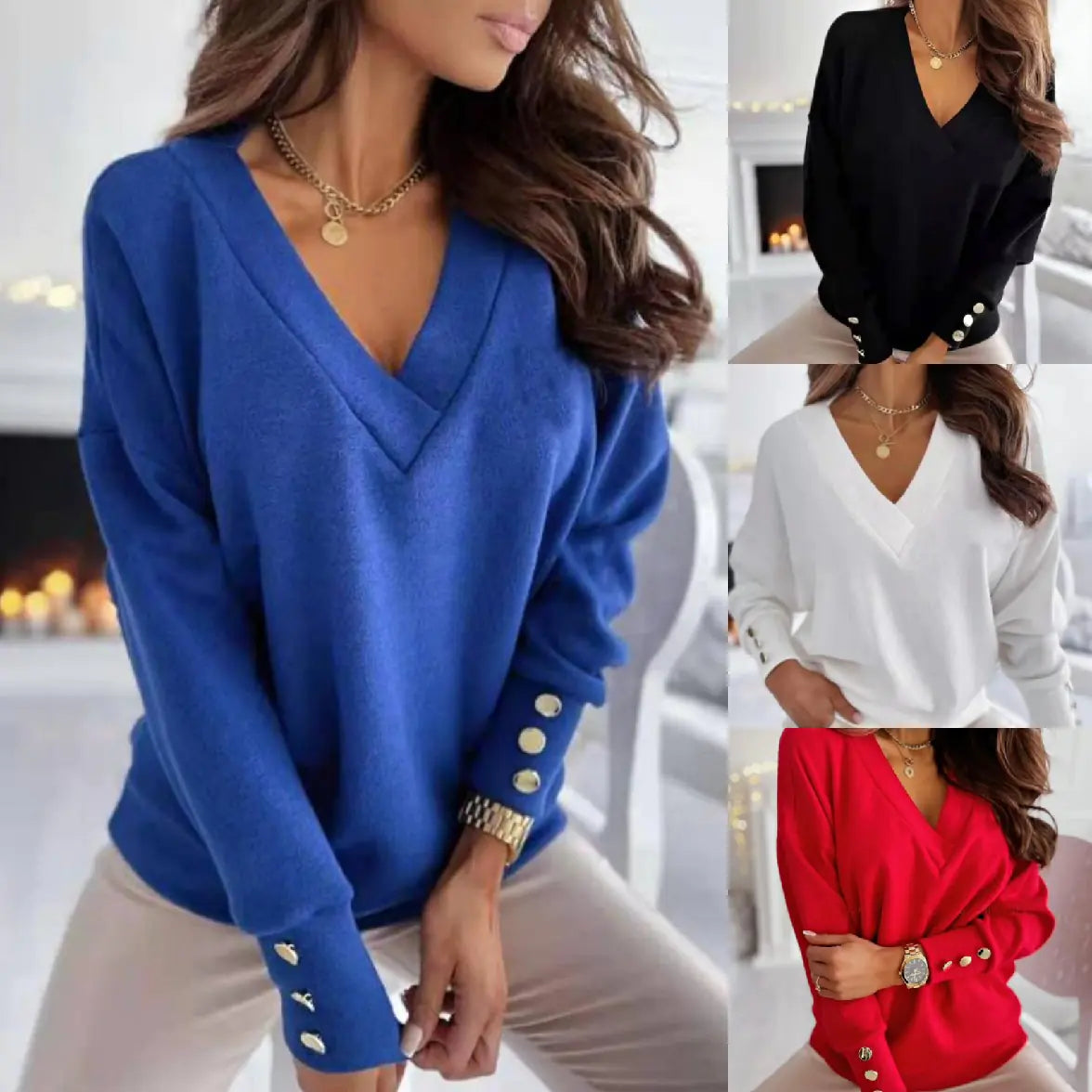 Button V-Neck Sweatshirt